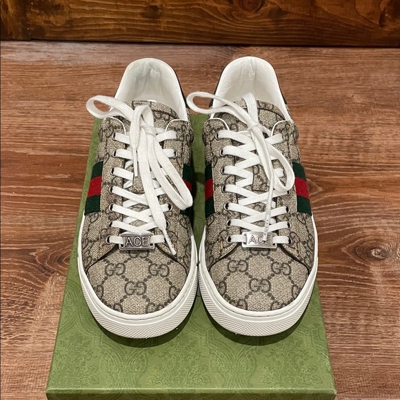 Gucci Shoes - Gucci GG Supreme Ace Sneakers in Beige with Green & Red Web